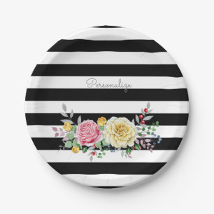 Chic Rose Floral Trendy Black Stripes and Name Paper Plate