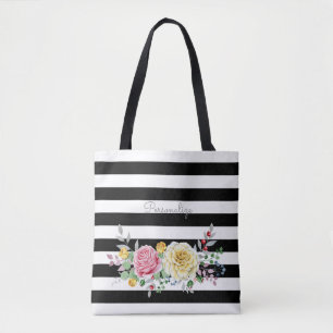 Chic Rose Floral Trendy Black Stripes and Name Tote Bag