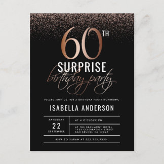 Chic Rose Gold 60th Surprise Birthday Party Invitation Postcard
