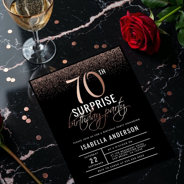 Chic Rose Gold 70th Surprise Birthday Party Invitation Postcard (Creator Uploaded)