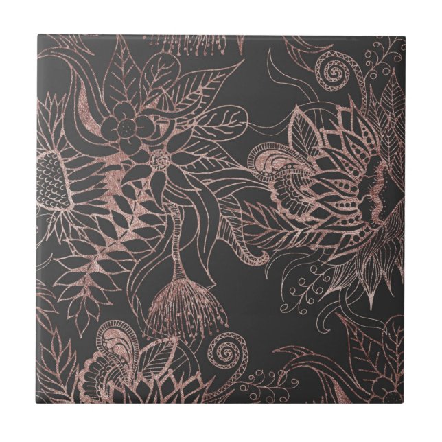 Chic Rose Gold and Black Flowers Leaves Tile (Front)