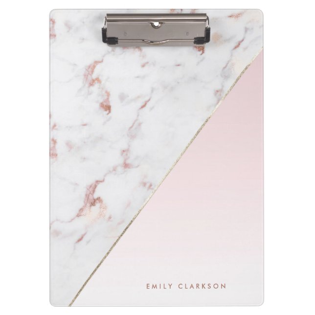Chic Rose Gold and White Marble Personalised Clipboard (Front)