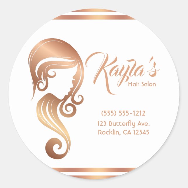 Chic Rose Gold Beauty Girl Hair & Makeup Salon Classic Round Sticker (Front)