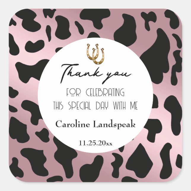 Chic Rose Gold Black Cow Spots Thank You Square Sticker (Front)