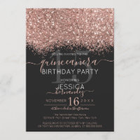 Chic Rose Gold Black Glitter Confetti Quinceañera