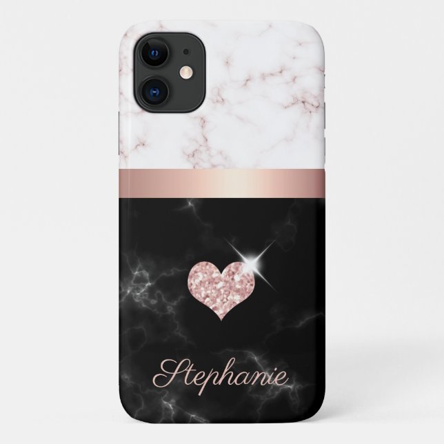 Chic Rose Gold Black Marble Glitter Heart Name Case-Mate iPhone Case (Back)