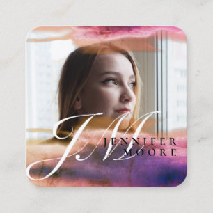 Chic Rose Gold Blue Watercolor Monogram Photo Square Business Card