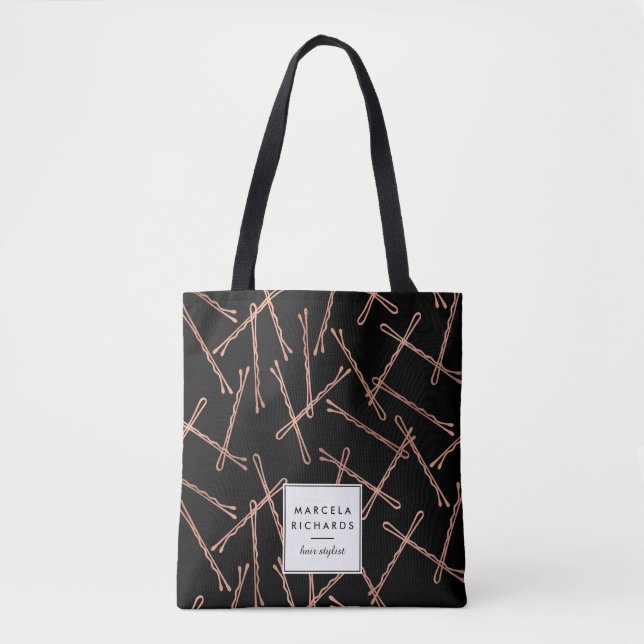 Chic Rose Gold Bobby Pins Black Personalised Tote Bag (Front)