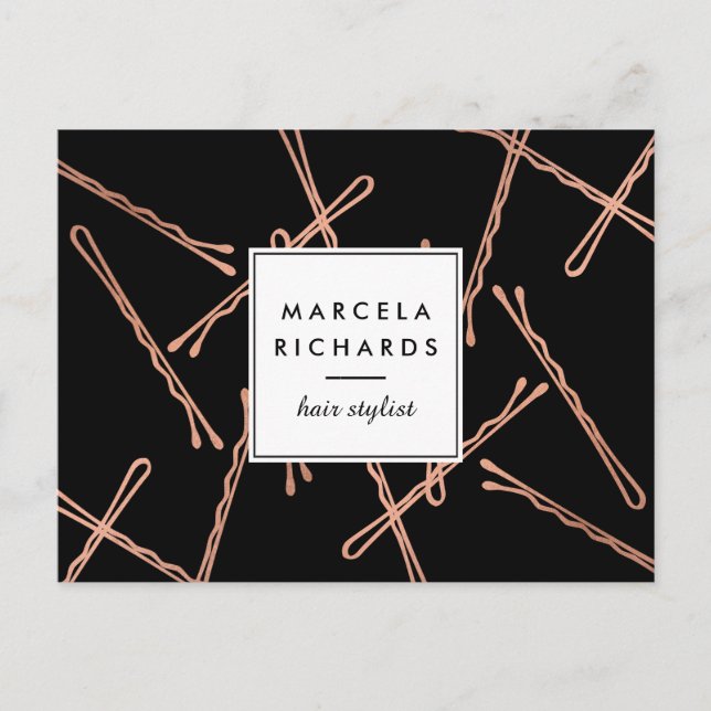 Chic Rose Gold Bobby Pins Hair Stylist Salon Black Postcard (Front)