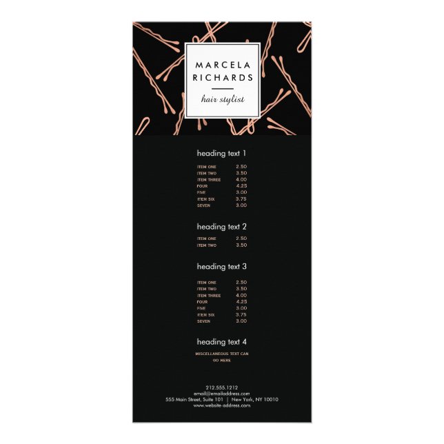 Chic Rose Gold Bobby Pins Hair Stylist Salon Black Rack Card (Front)