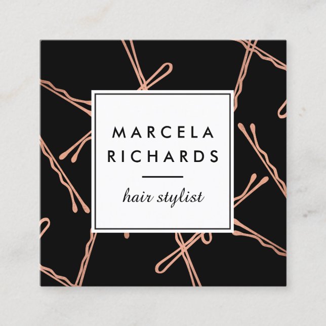 Chic Rose Gold Bobby Pins Hair Stylist Salon Black Square Business Card (Front)