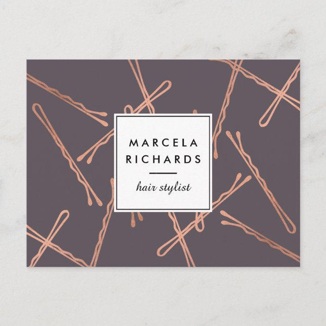 Chic Rose Gold Bobby Pins Hair Stylist Salon Grey Postcard (Front)