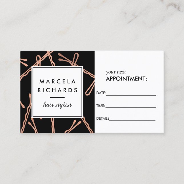 Chic Rose Gold Bobby Pins on Black Appointment Card (Front)