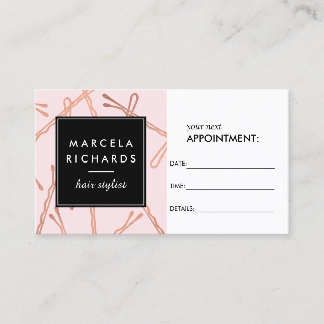 Chic Rose Gold Bobby Pins on Pink Appointment Card (Front)