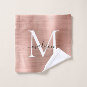 Chic Rose Gold Brushed Metal Monogram Girly Script Wash Cloth