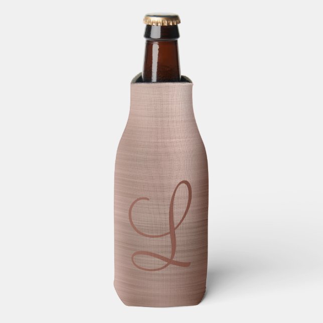 Chic Rose Gold Brushed Metal Monogram Initial Bottle Cooler (Bottle Front)