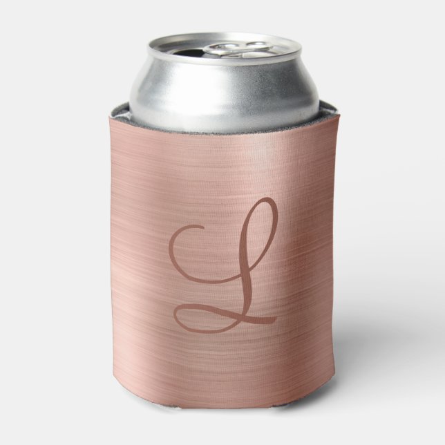 Chic Rose Gold Brushed Metal Monogram Initial Can Cooler (Can Front)