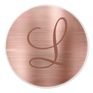 Chic Rose Gold Brushed Metal Monogram Initial Ceramic Knob