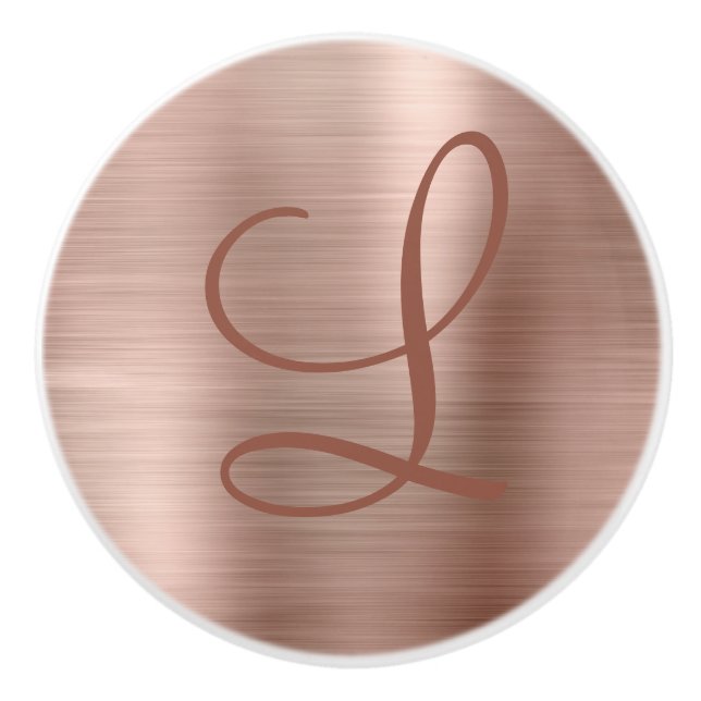 Chic Rose Gold Brushed Metal Monogram Initial Ceramic Knob (Front)
