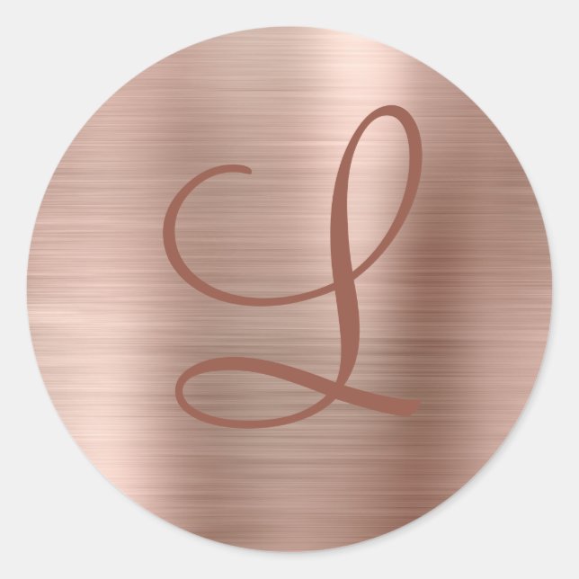 Chic Rose Gold Brushed Metal Monogram Initial Classic Round Sticker (Front)