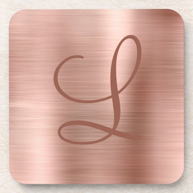 Chic Rose Gold Brushed Metal Monogram Initial Coaster (Front)