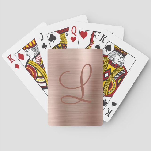 Chic Rose Gold Brushed Metal Monogram Initial Playing Cards (Back)
