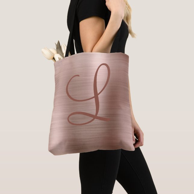 Chic Rose Gold Brushed Metal Monogram Initial Tote Bag (Close Up)
