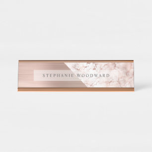 Chic Rose Gold Brushed Metal Pink Marble Desk Name Plate