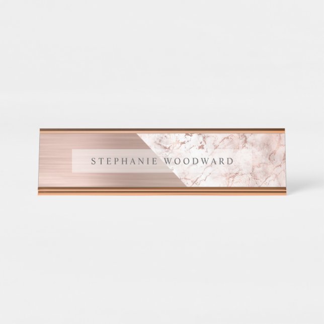 Chic Rose Gold Brushed Metal Pink Marble Desk Name Plate (Front)