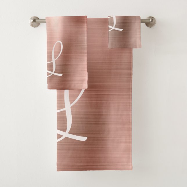 Chic Rose Gold Brushed Metal Pink Monogram Bath Towel Set (Insitu)