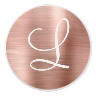 Chic Rose Gold Brushed Metal Pink Monogram Ceramic Knob