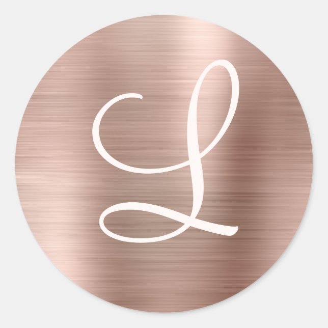 Chic Rose Gold Brushed Metal Pink Monogram Classic Round Sticker (Front)
