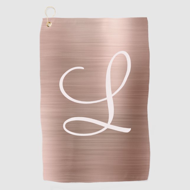 Chic Rose Gold Brushed Metal Pink Monogram Golf Towel (Front)