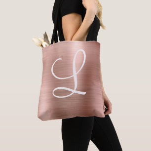 Chic Rose Gold Brushed Metal Pink Monogram Tote Bag