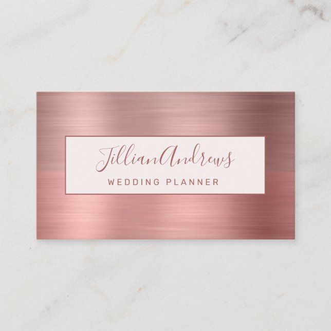 Chic Rose Gold Brushed Metal Script Professional Business Card (Front)