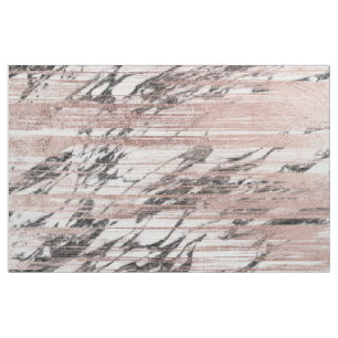 Chic Rose Gold Brushstrokes on Black White Marble Fabric