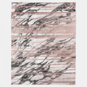 Chic Rose Gold Brushstrokes on Black White Marble Fleece Blanket