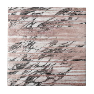 Chic Rose Gold Brushstrokes on Black White Marble Tile