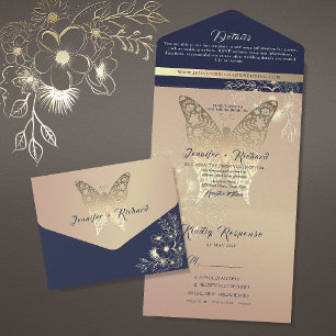 Chic Rose Gold Butterfly Wedding All In One Invitation