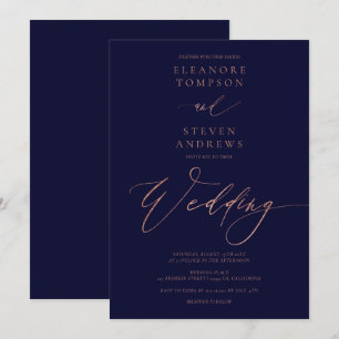 Chic rose gold calligraphy luxe navy blue wedding invitation