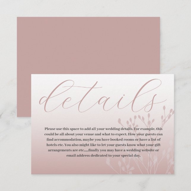 Chic Rose Gold & Calligraphy Wedding Details Enclosure Card (Front/Back)