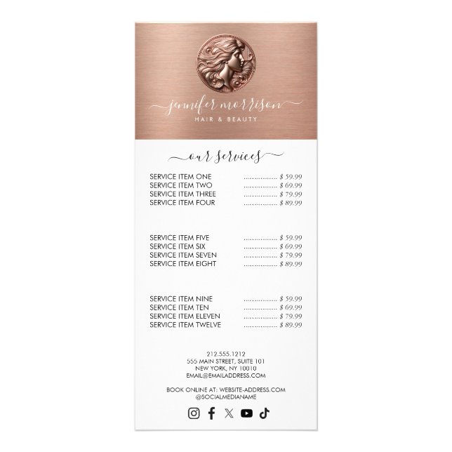 Chic Rose Gold Cameo Beauty, Hair, Skincare Rack Card (Front)