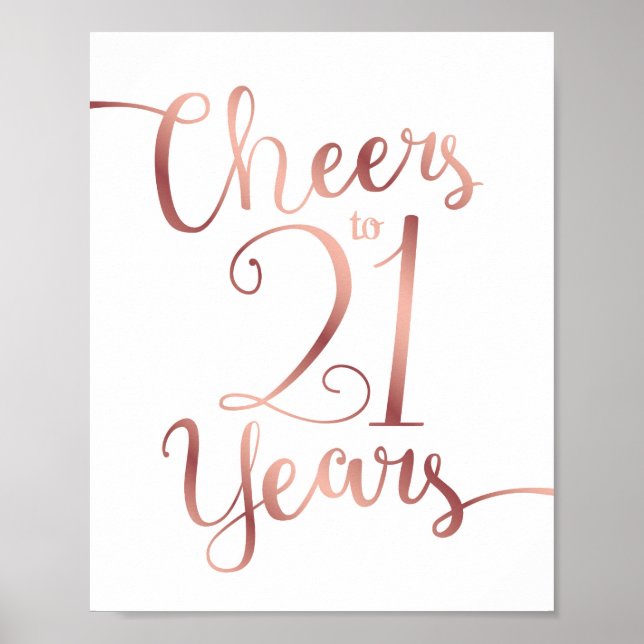 Chic Rose Gold CHEERS TO 21 YEARS Sign Print (Front)