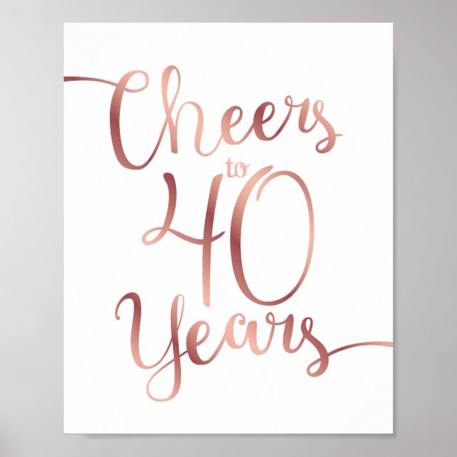 Chic Rose Gold CHEERS TO 40 YEARS Sign Print (Front)