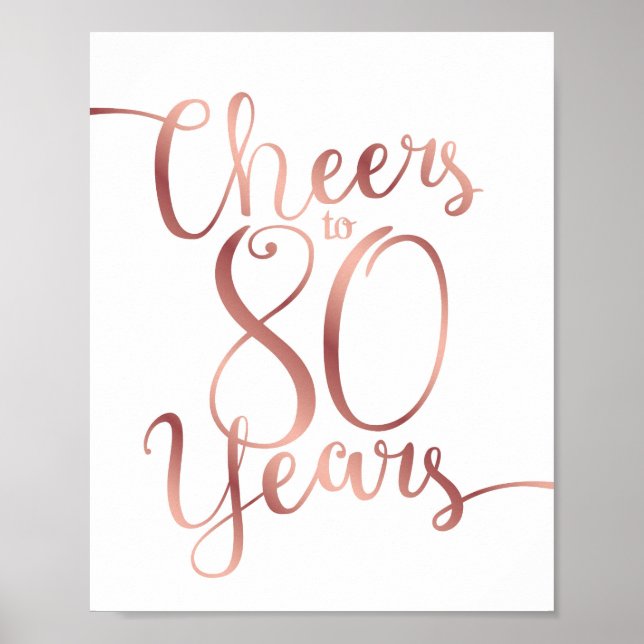 Chic Rose Gold CHEERS TO 80 YEARS Sign Print (Front)