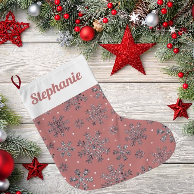 Chic Rose Gold Christmas w/ Elegant Snowflakes Large Christmas Stocking (Creator Uploaded)