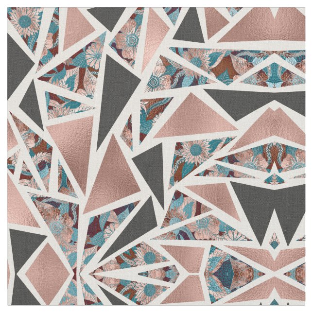 Chic Rose Gold Copper Teal Black Floral Geometric Fabric (Close Up)