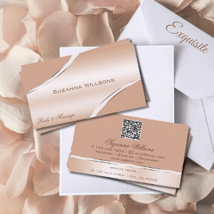 Chic Rose Gold Coral Curved Decor Lines QR Code Business Card