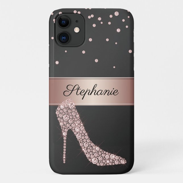 Chic Rose Gold Diamond High Heel Shoe Name Black Case-Mate iPhone Case (Back)