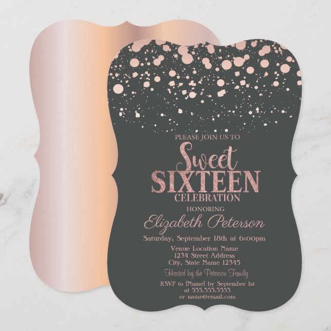 Chic Rose Gold Dots Grey Sweet 16 Invitation (Front/Back)